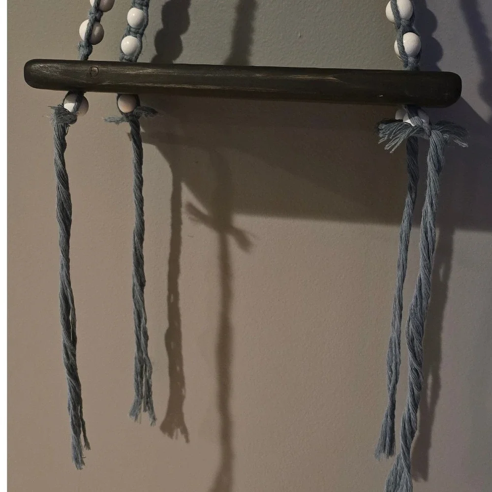 Handmade Macrame Hanging Wall Shelf Blue Beaded Boho Wood Floating Display